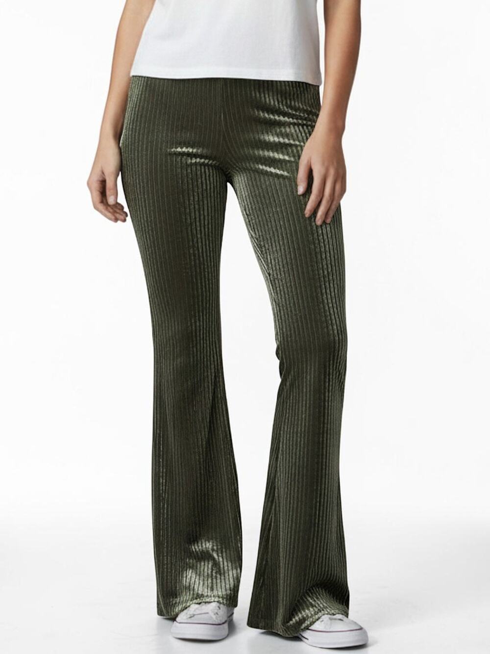 SHEIN Green Velvet Striped High Waist  Flare Leg Stretchy Pants XS